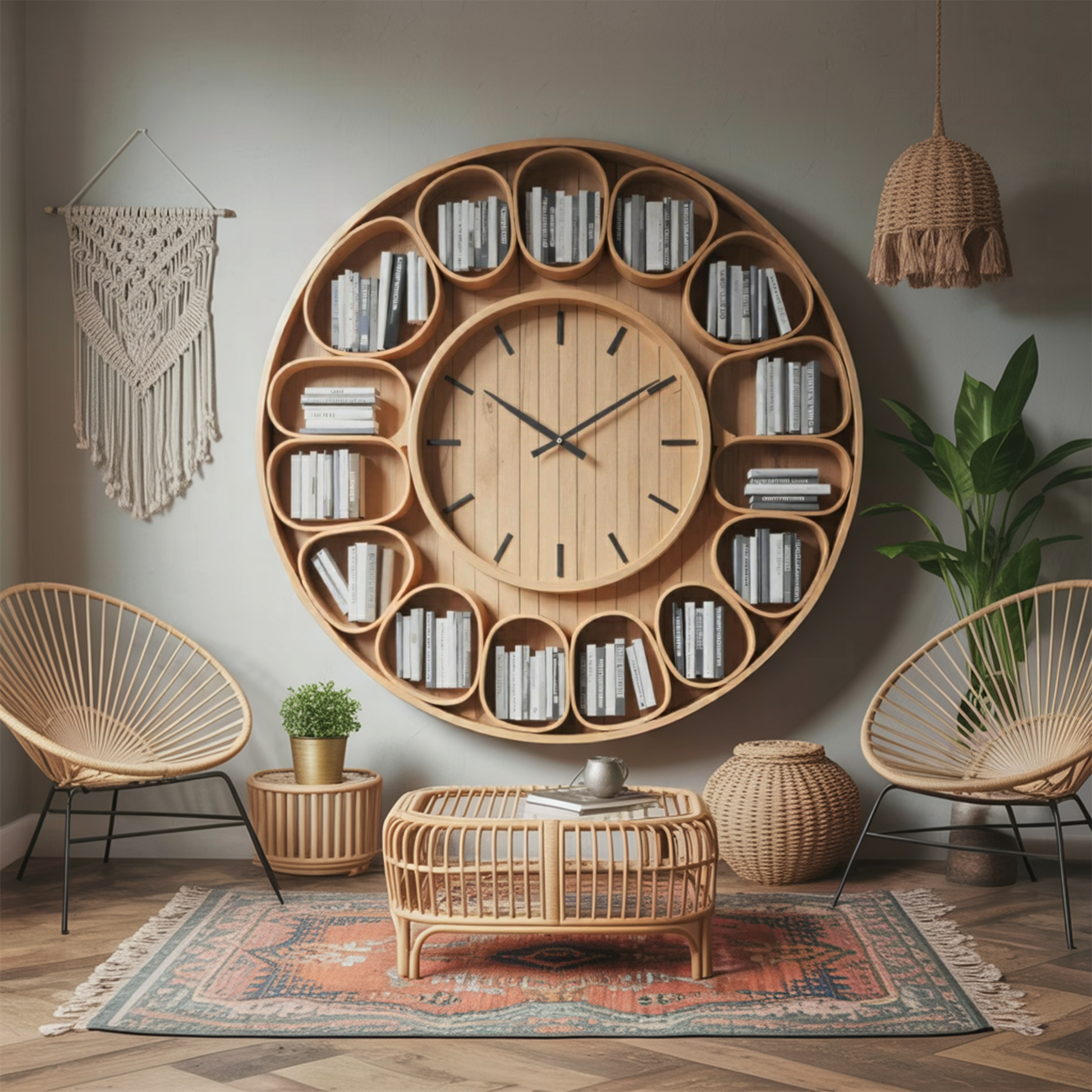 Contemporary Round Wall Bookshelf With Clock For Living Room And Home Office Kitchnce