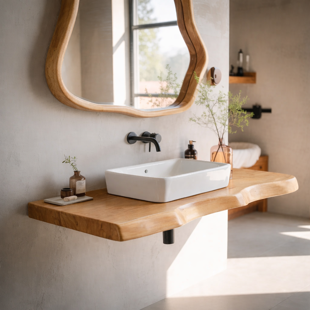 Live Edge Oak Floating Bathroom Vanity Shelf with Natural Finish Kitchnce