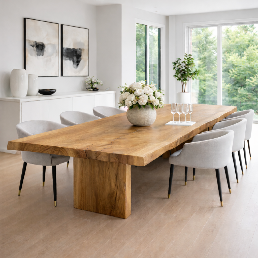Solid Walnut Live Edge Dining Table with Sculptural Wood Base Kitchnce