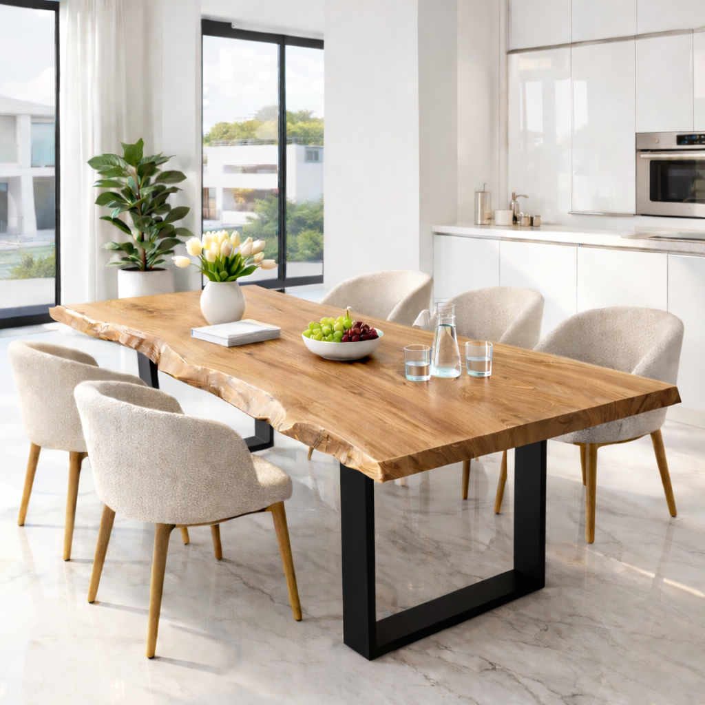 Live Edge Walnut Dining Table with Black Metal U-Shape Legs Kitchnce