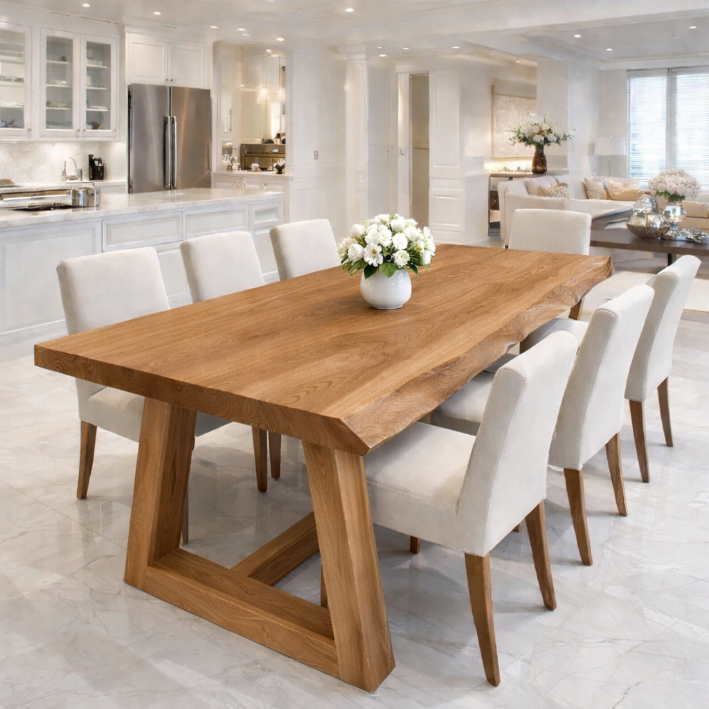 Handcrafted Solid Wood Live Edge Dining Table with Wooden Trestle Base Kitchnce