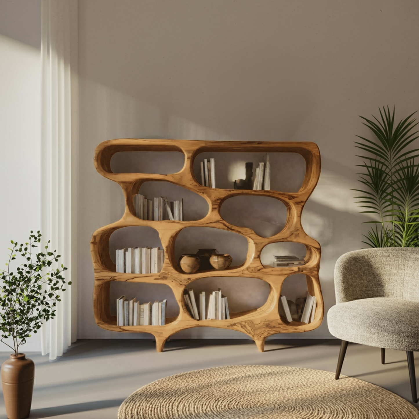 Artistic Bookshelf With Curved Design For Living Room Interior Kitchnce