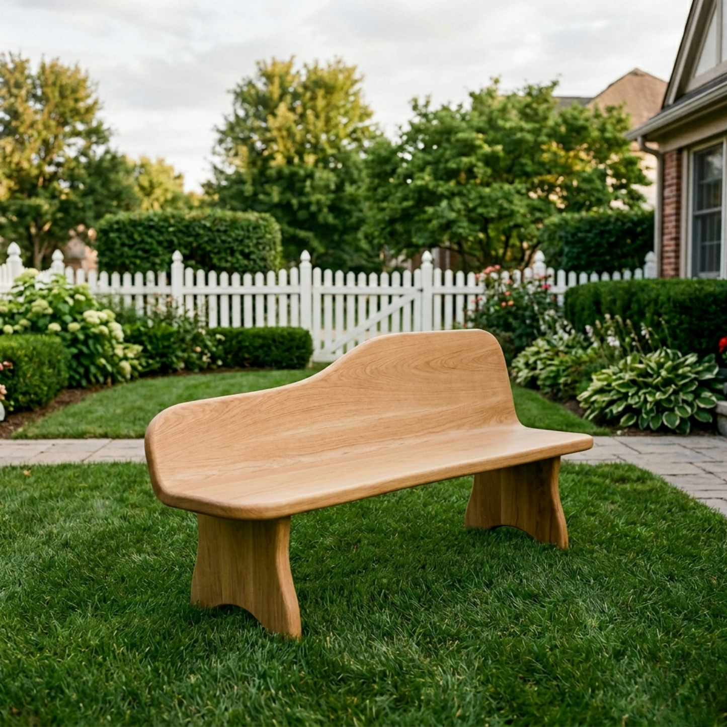 Solid Wood Outdoor Bench with Curved Backrest Sculptural Garden Patio Seating