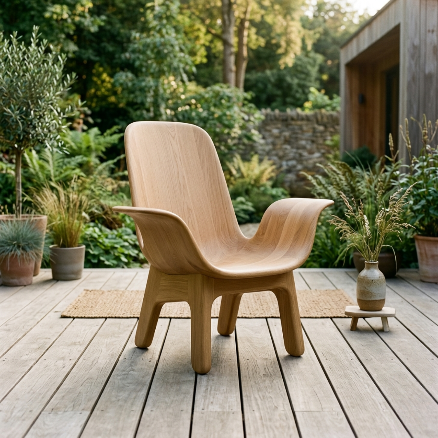 Handcrafted Solid Wood Lounge Chair – Sculpted Armrest Low Seat Chair