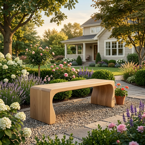 Solid Wood Outdoor Bench with Curved Waterfall Frame and Soft Rounded Edges