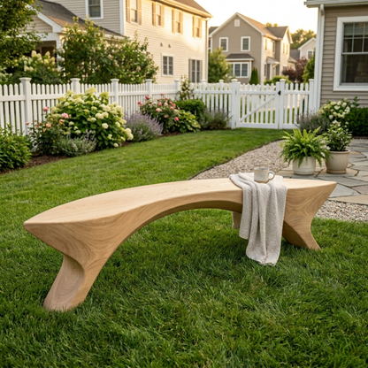 Solid Wood Outdoor Bench Sculptural Curved Design with Organic Arch Base