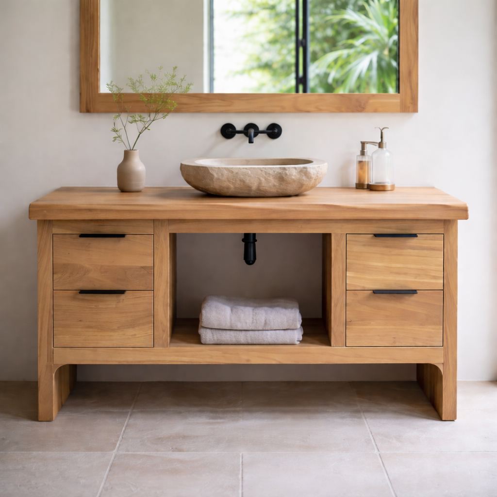Rustic Soild Wood Bathroom Vanity with Drawers and Open Shelf for Contemporary Kitchnce