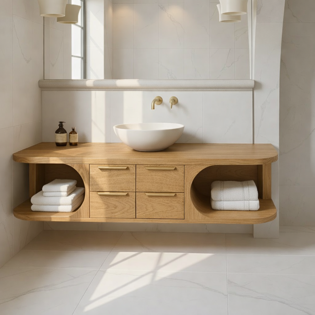 Floating Solid Wood Bathroom Vanity with Drawers and Open Shelves for Contemporary Bathrooms Kitchnce