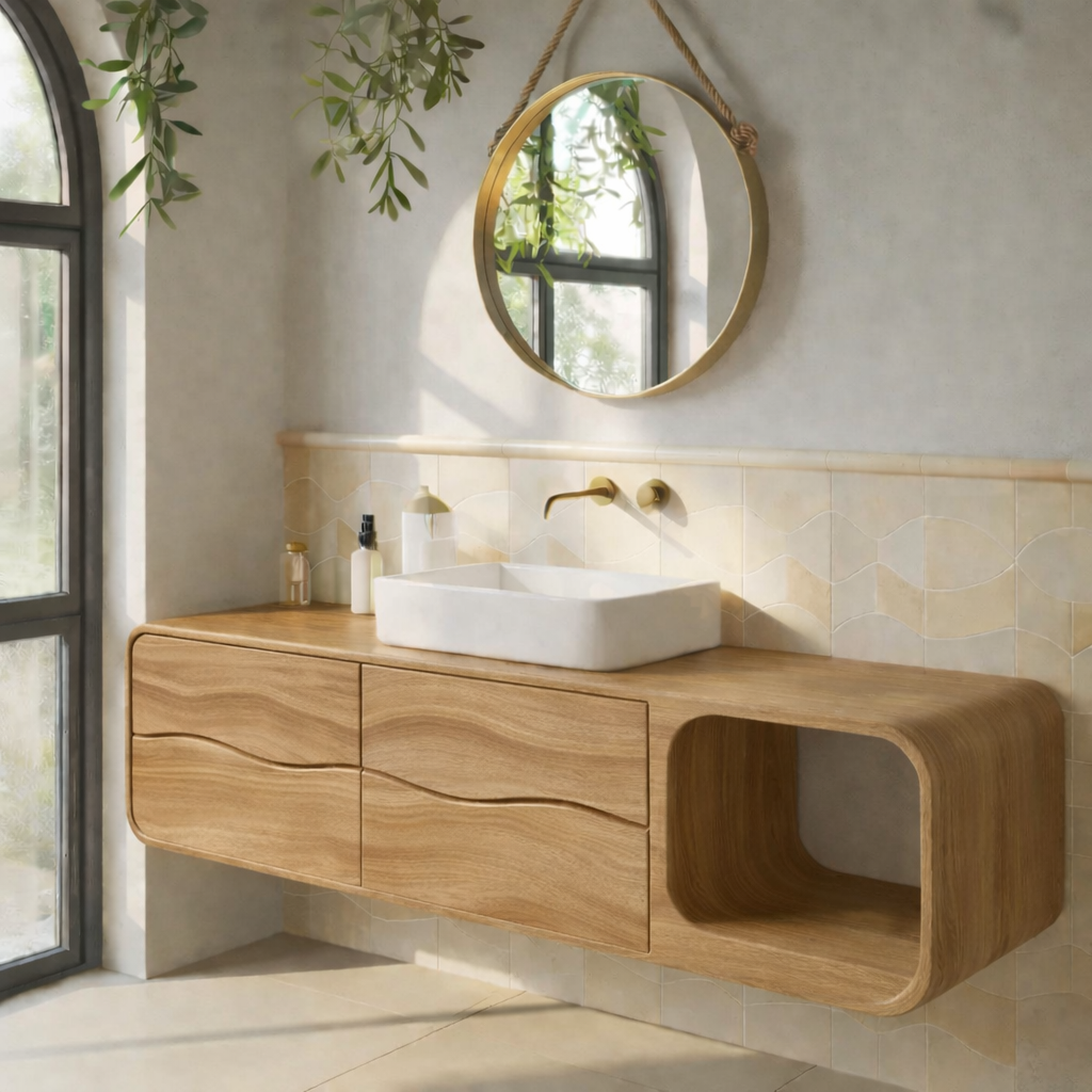 Floating Solid Wood Bathroom Vanity with Drawers and Open Shelf Kitchnce