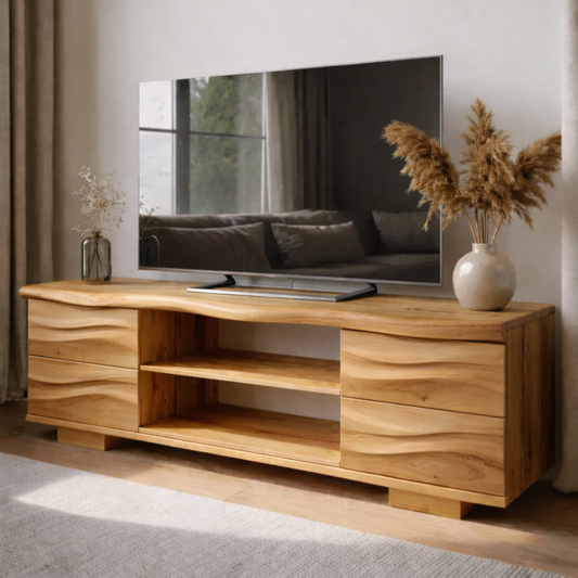 Solid Wood TV Stand with Drawers and Open Shelves for Natural Style Interiors Kitchnce
