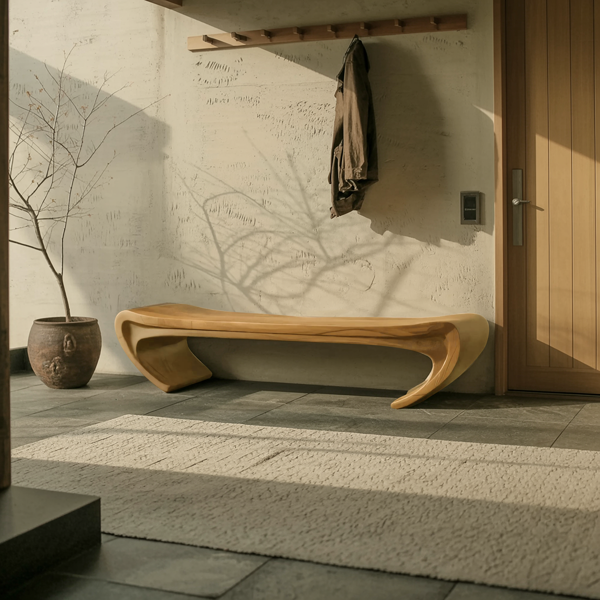 Modern Sculptural Wood Bench For Entryway Or Living Room Kitchnce