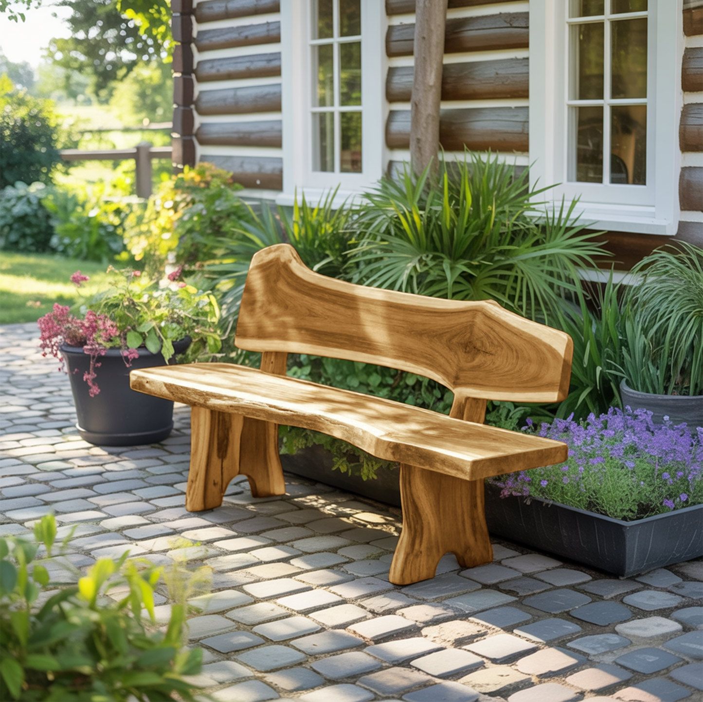 Rustic Live Edge Outdoor Bench With Curved Back For Patio Or Garden Kitchnce