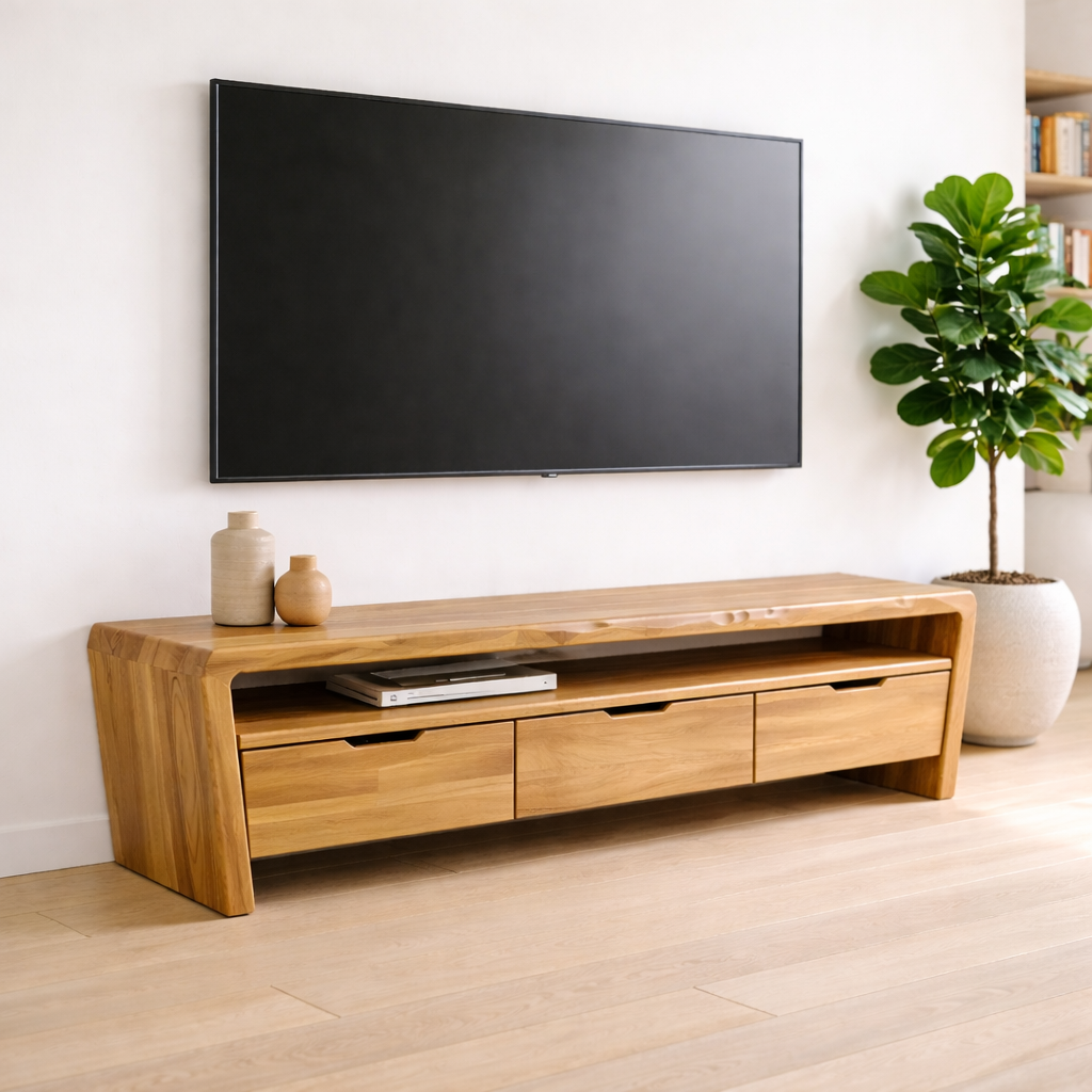 Solid Wood TV Stand with Drawers and Open Shelf for Minimalist Living Spaces Kitchnce