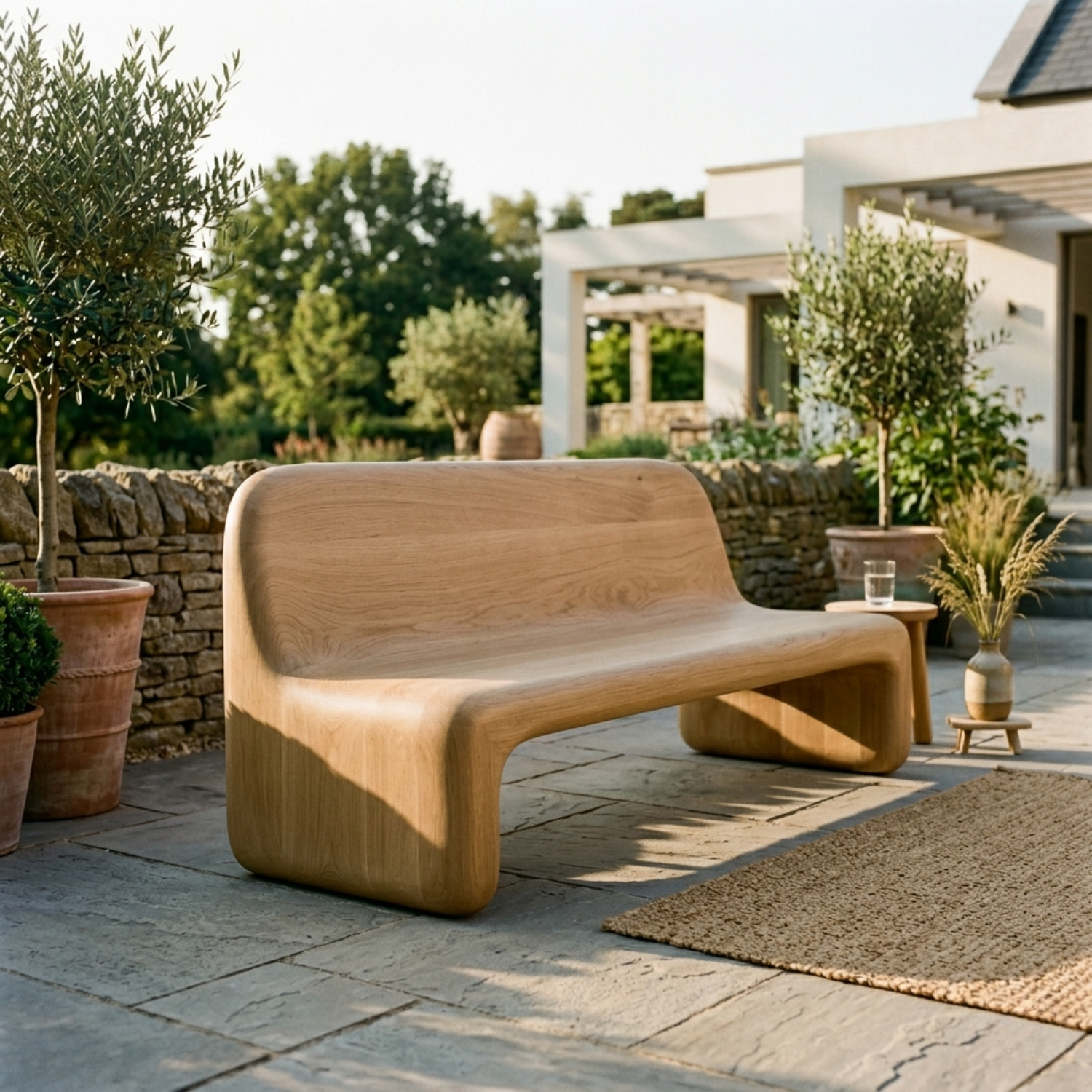 Handcrafted Solid Wood Outdoor Sofa – Sculptural Curved Patio Bench Seat