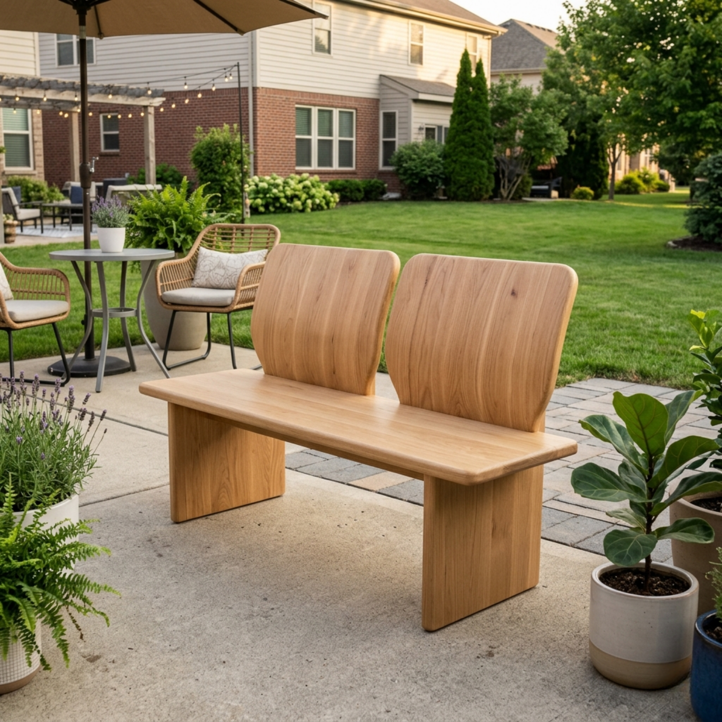 Solid Wood Outdoor Bench with Dual Curved Backrests Modern Sculptural Seating