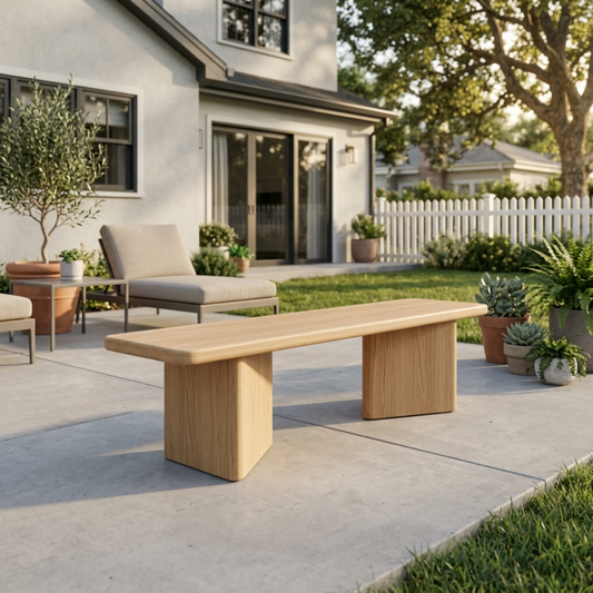 Solid Wood Outdoor Bench Minimalist Slab Seat with Block Leg Base Design