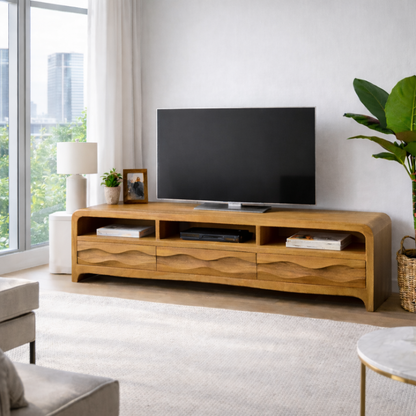 Solid Wood TV Stand with Wave-Front Drawers and Open Shelf for Stylish Living Spaces Kitchnce