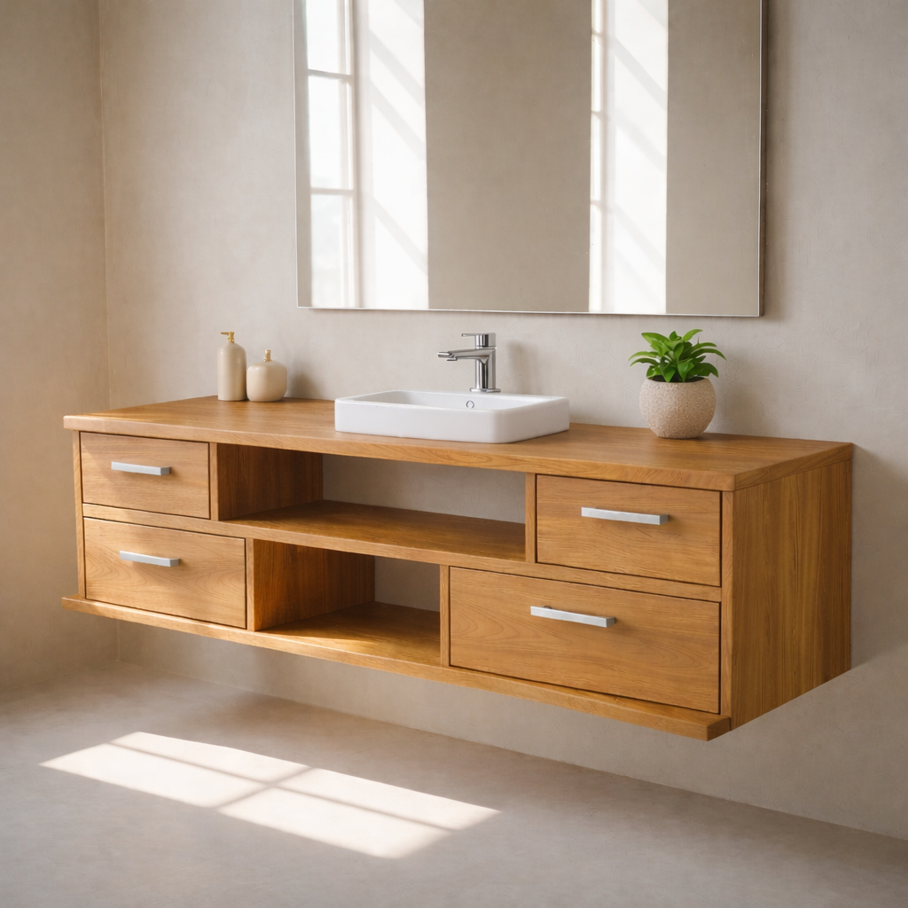 Floating Solid Wood Bathroom Vanity with Drawers and Open Shelf for Modern Bathrooms Kitchnce