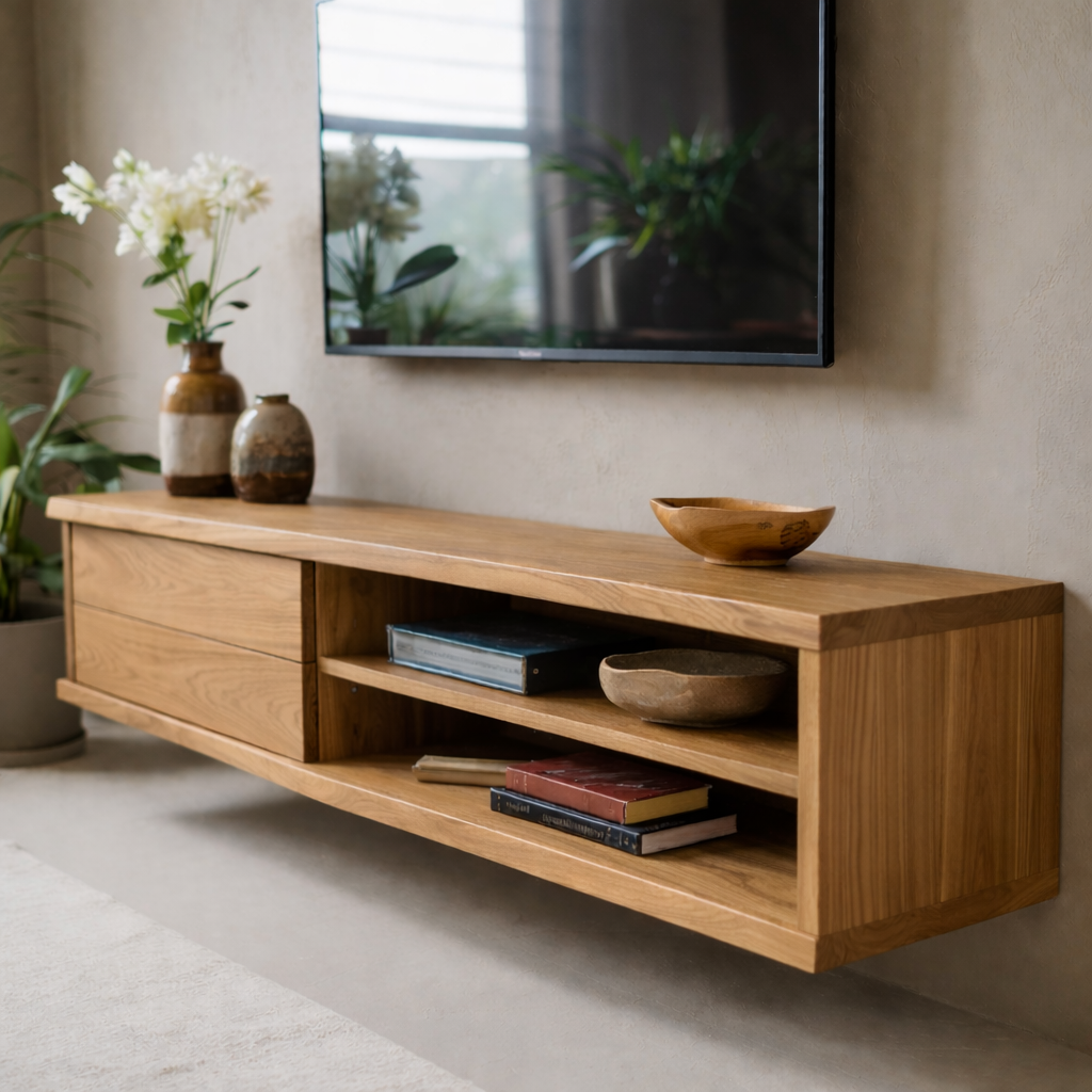 Floating Solid Wood TV Stand with Drawer and Open Shelves for Modern Living Rooms Kitchnce