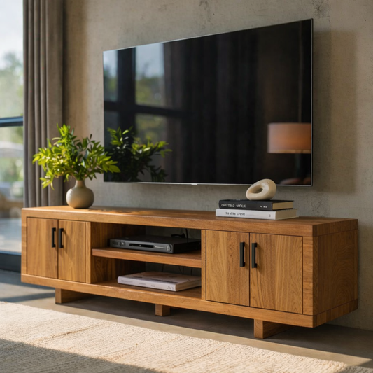 Modern Solid Wood TV Stand with Storage Cabinets and Open Media Shelf Kitchnce