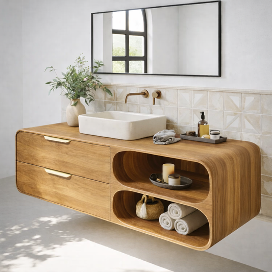 Floating Solid Wood Bathroom Vanity with Drawers and Open Curved Shelves for Modern Bathrooms Kitchnce