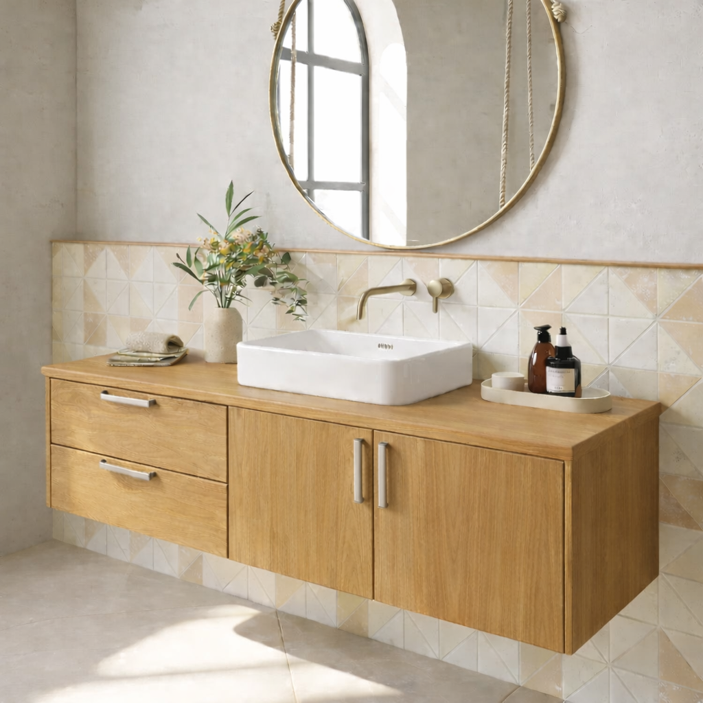Floating Solid Wood Bathroom Vanity with Drawers and Cabinet Doors for Modern Home Interiors Kitchnce