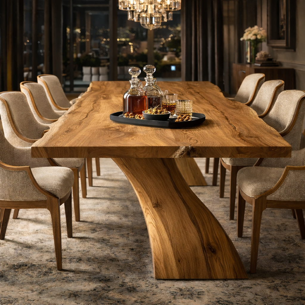 Live Edge Solid Wood Dining Table with Curved Base