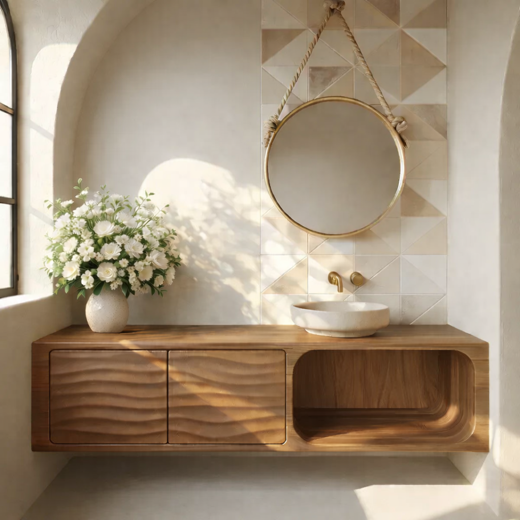 Floating Solid Wood Bathroom Vanity with Textured Cabinet Doors and Open Shelf for Contemporary Homes Kitchnce