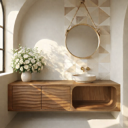 Floating Solid Wood Bathroom Vanity with Textured Cabinet Doors and Open Shelf for Contemporary Homes Kitchnce