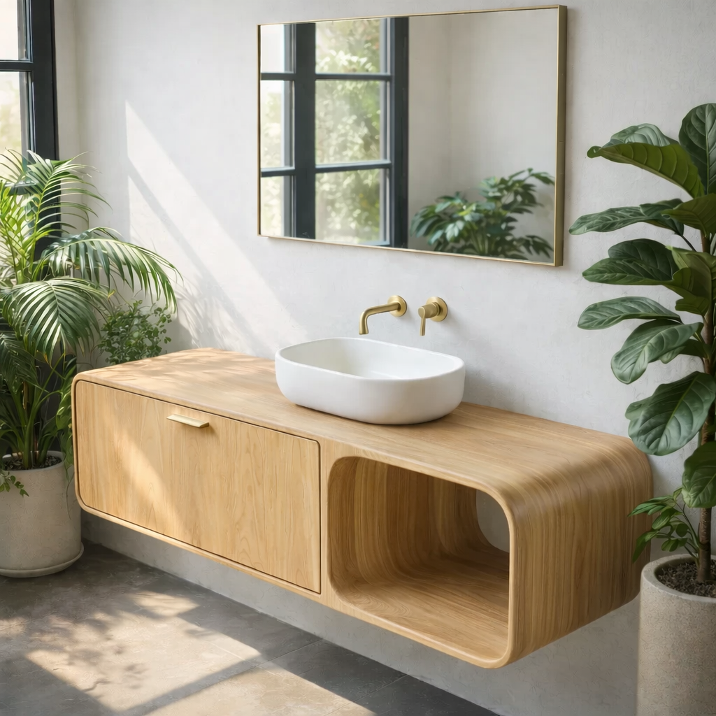 Contemporary Solid Wood Floating Bathroom Vanity with Open Side Shelf Kitchnce