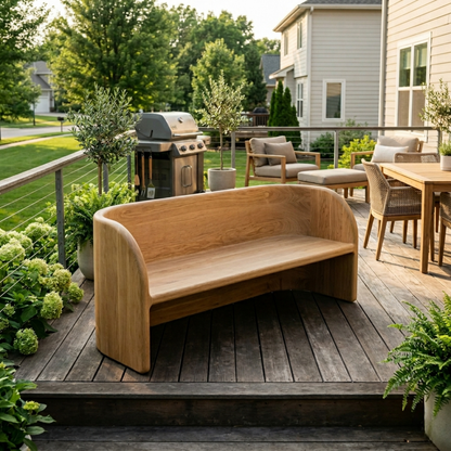 Solid Wood Outdoor Bench with Curved Backrest Sculptural Wraparound Design