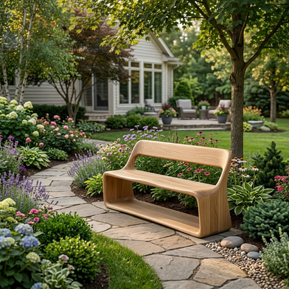Solid Wood Outdoor Bench with Curved Backrest and Integrated Open Shelf Base