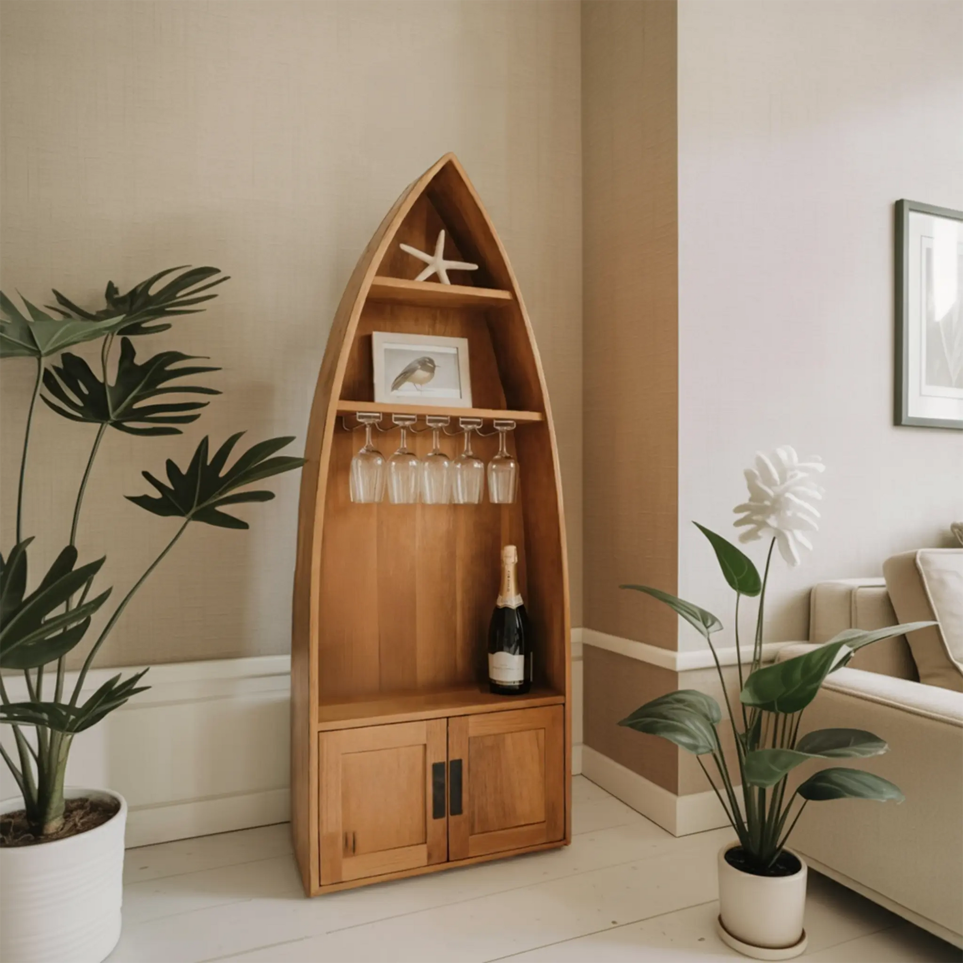 Coastal Boat Shaped Shelf With Glass Rack For Beach House And Living Room Kitchnce