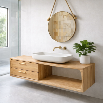 Modern Solid Wood Floating Bathroom Vanity with Double Drawers and Open Shelf Kitchnce
