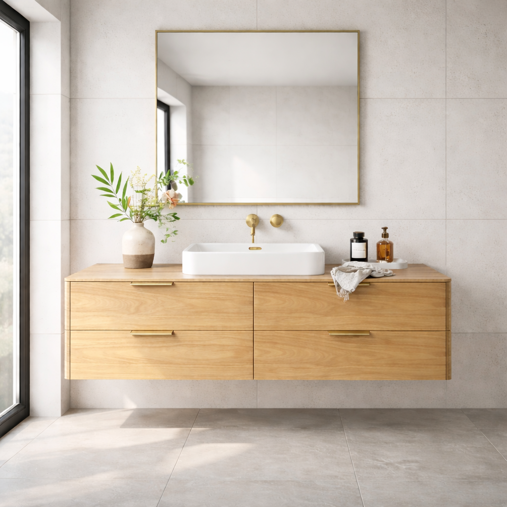Modern Solid Wood Floating Bathroom Vanity with Four Storage Drawers Kitchnce