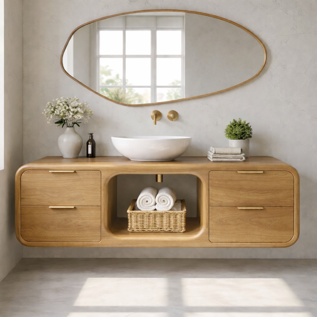 Modern Floating Solid Wood Bathroom Vanity with Open Center Shelf and Drawer Storage Kitchnce