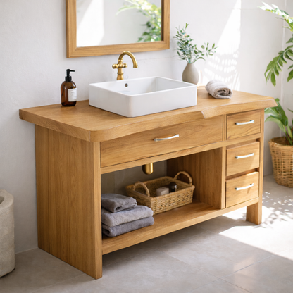 Modern Solid Wood Bathroom Vanity with Multiple Drawers and Open Storage Shelf Kitchnce