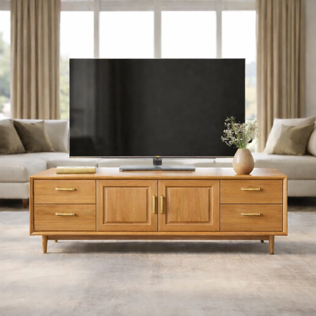 Mid-Century Solid Wood TV Stand with Drawers and Cabinet Storage Kitchnce