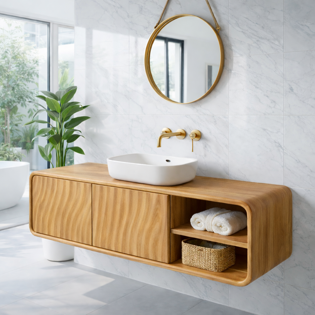 Modern Floating Solid Wood Bathroom Vanity with Wave Grain Cabinet Doors Kitchnce