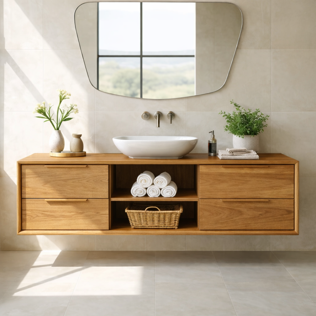 Modern Floating Oak Bathroom Vanity with Open Shelf and Double Drawer Storage Kitchnce