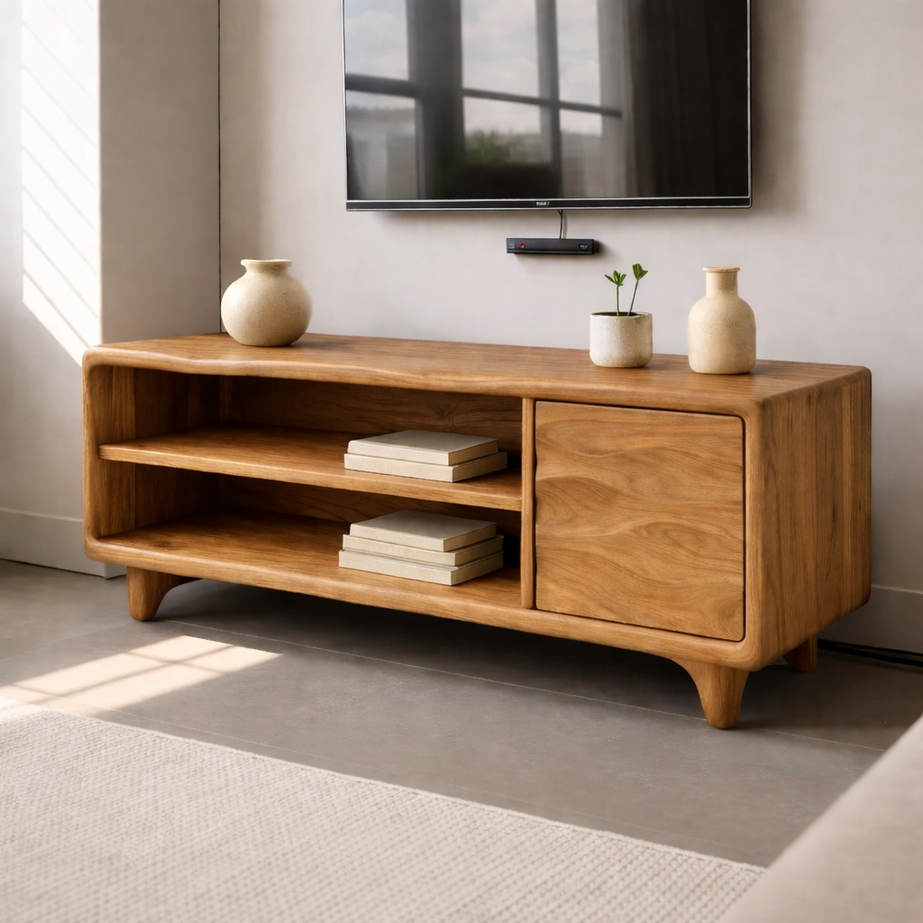 Modern Solid Wood TV Stand with Open Shelves and Wave Grain Cabinet Door Kitchnce