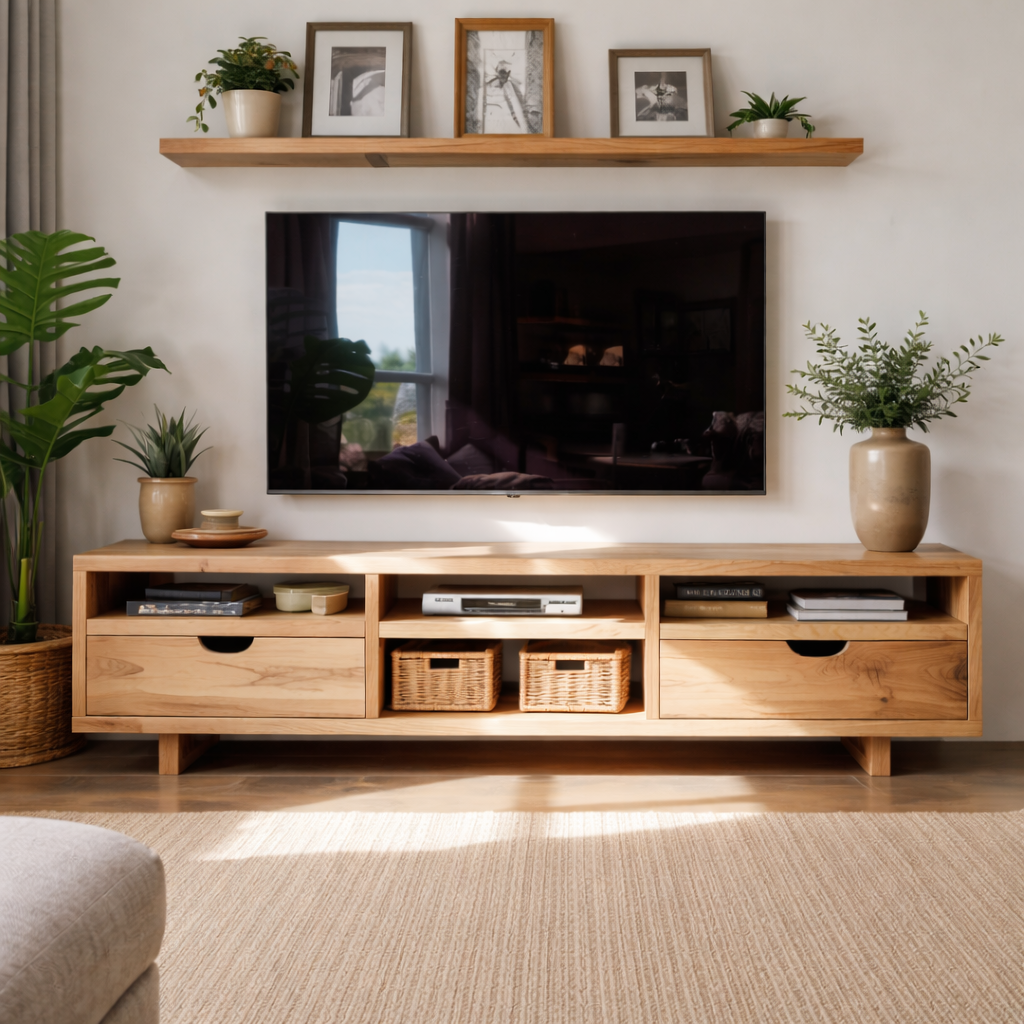 Modern Solid Wood TV Stand with Open Storage and Minimalist Drawers