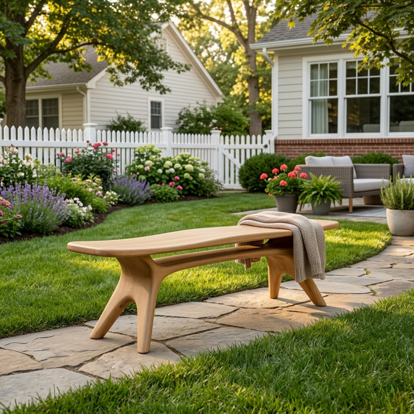 Solid Wood Outdoor Bench with Sculptural Tapered Legs and Floating Seat Design
