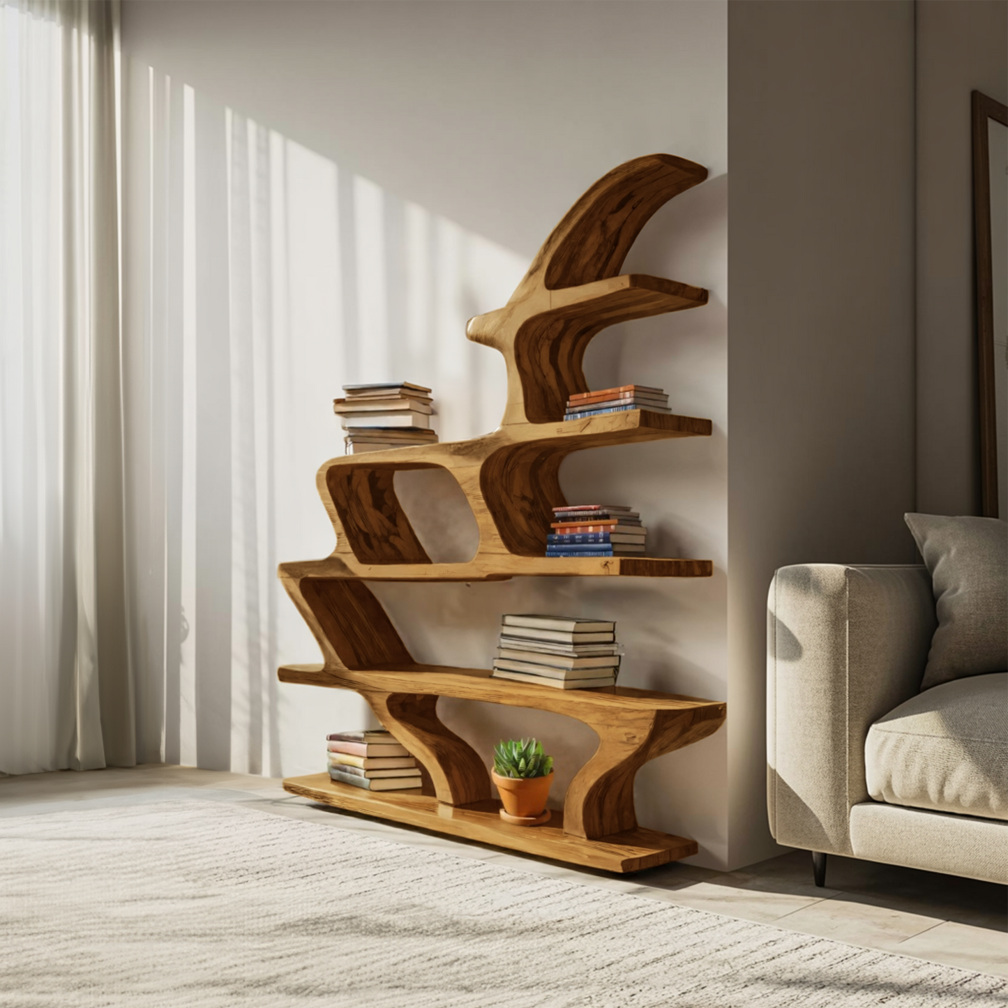 Modern Sculptural Bookshelf With Fluid Shelving For Living Room Kitchnce