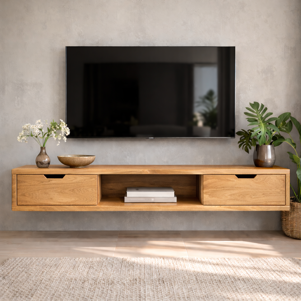 Floating Walnut Wood TV Stand with Drawers and Open Media Shelf Kitchnce