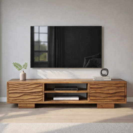 Modern Solid Wood TV Stand with Wave Front Drawers and Open Media Shelf Kitchnce