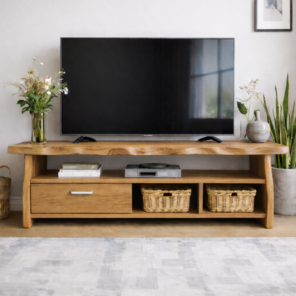 Mid-Century Solid Wood TV Stand with Drawer and Open Storage Shelves Kitchnce