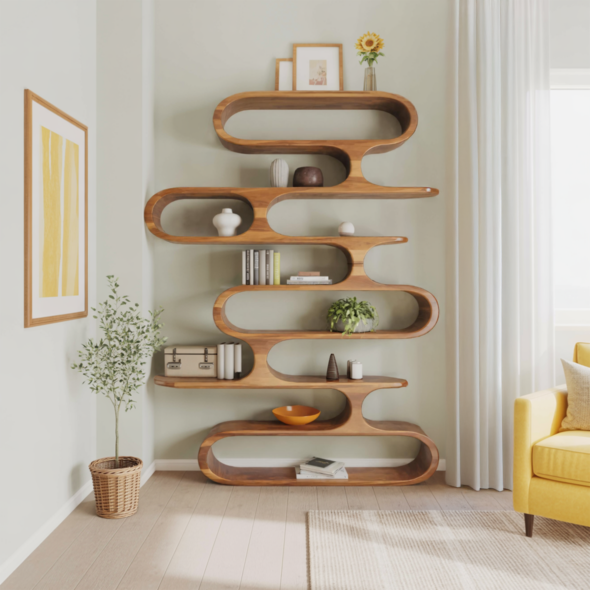 Mid Century Modern Wall Shelf With Flowing Shape For Living Room And Office Kitchnce