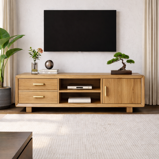 Modern Soild Wood TV Stand with Drawers, Cabinet Door, and Open Media Shelves Kitchnce
