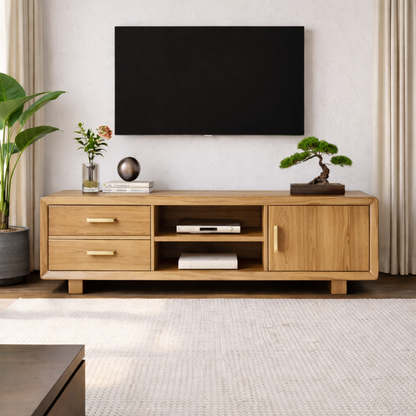 Modern Soild Wood TV Stand with Drawers, Cabinet Door, and Open Media Shelves Kitchnce